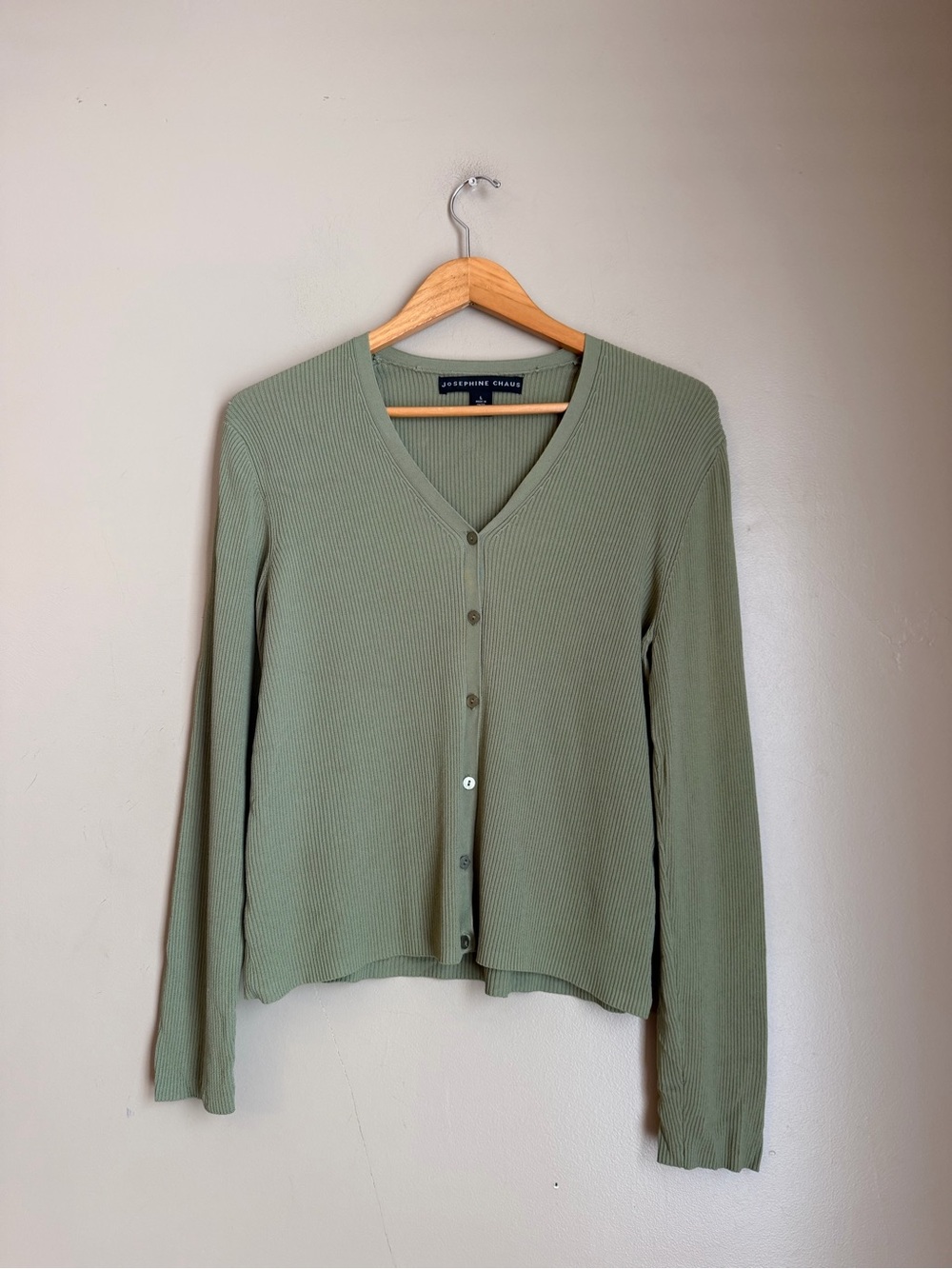 Josephine Chaus Cardigan Sweater V Neck Button Up Sage Green Ribbed Fall Large